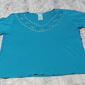 Jennifer Moore short sleeve cotton M size V neck deisgned top aqua colour